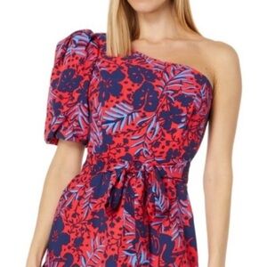 Lilly Pulitzer One Shoulder Brialyn Skirted Romper Red with Blue Flowers Size 2
